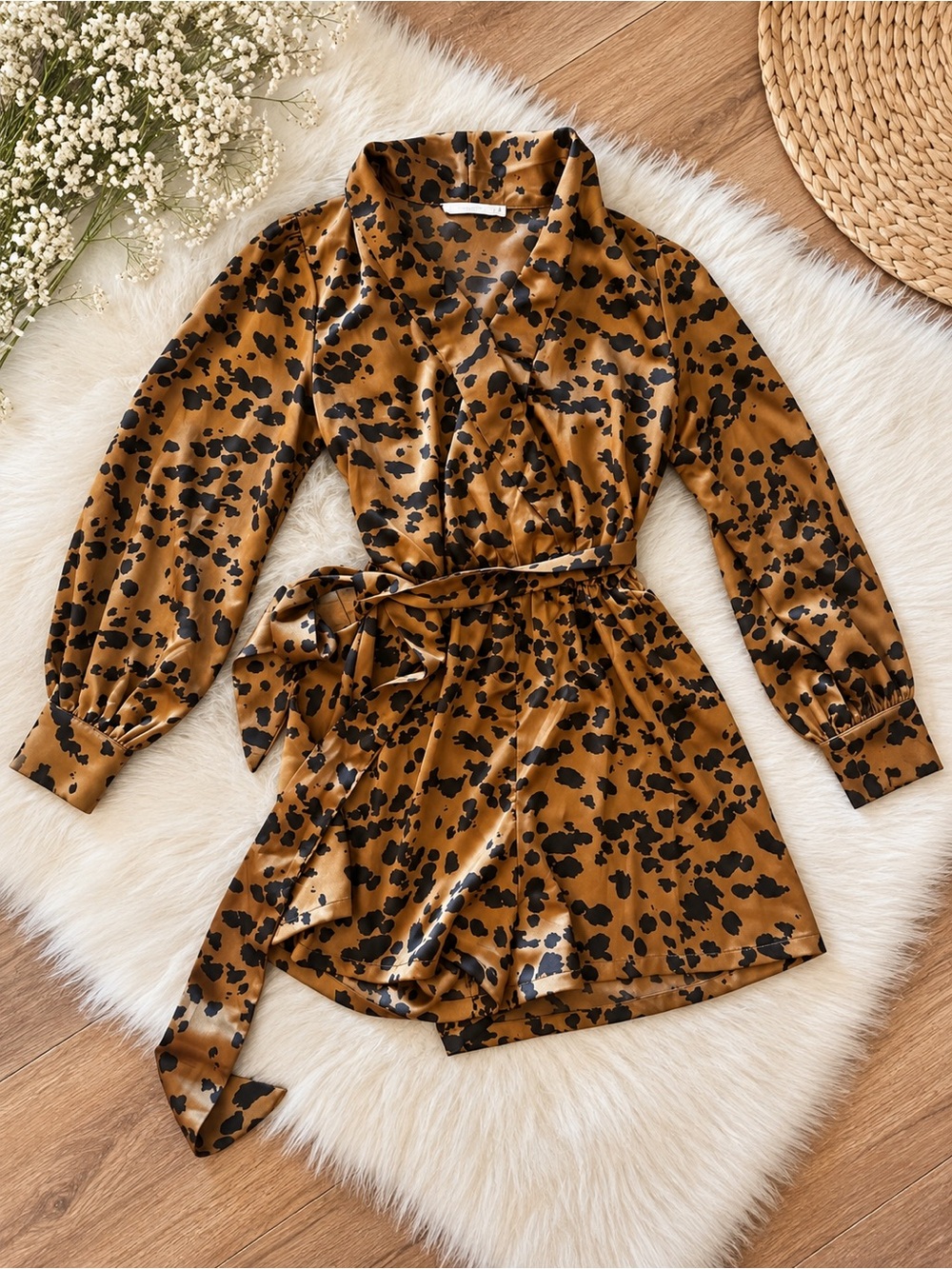 Lush Brown and Black Cheetah-Print Wrap Romper